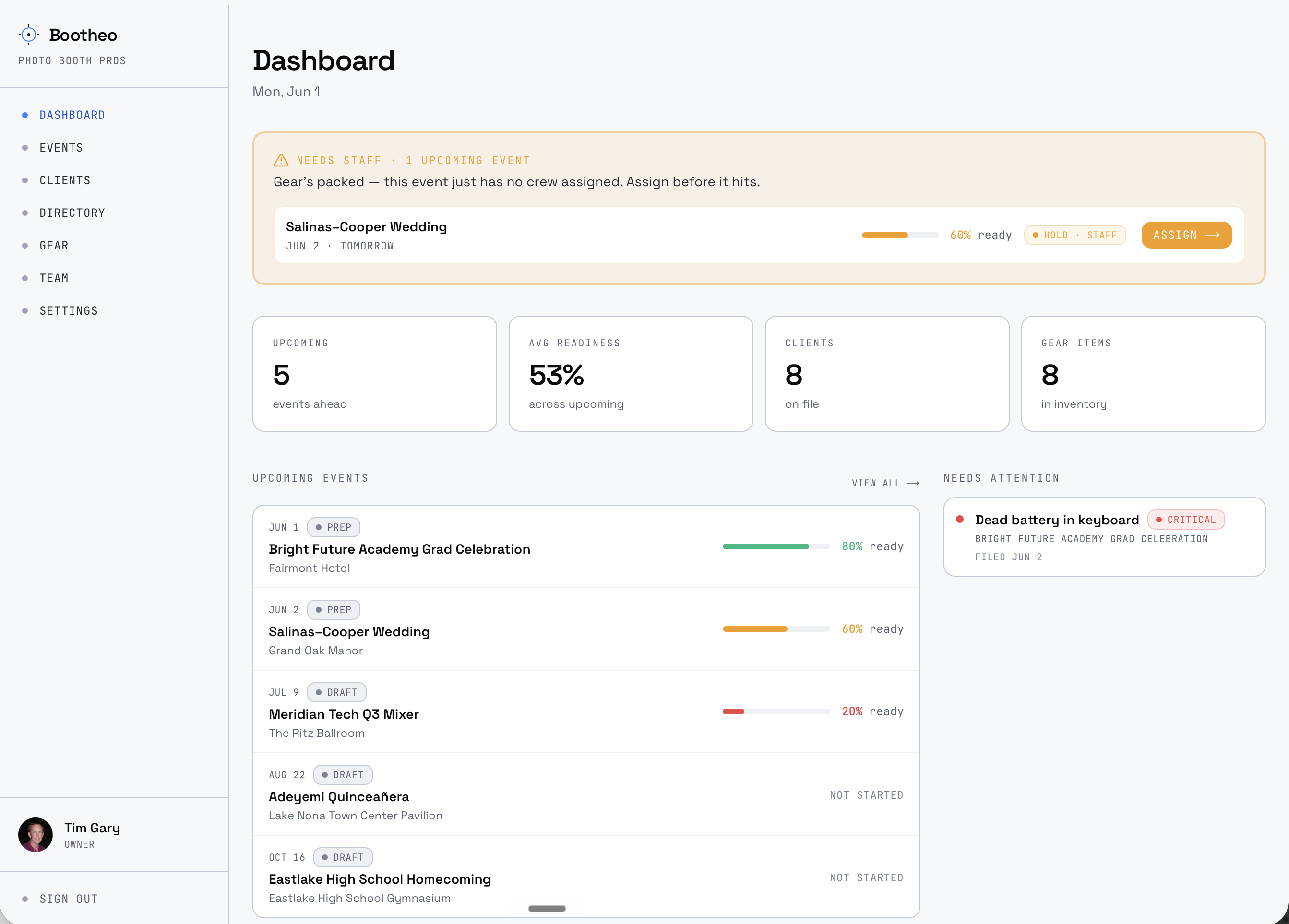 Bootheo web dashboard — events, readiness, clients, and gear at a glance