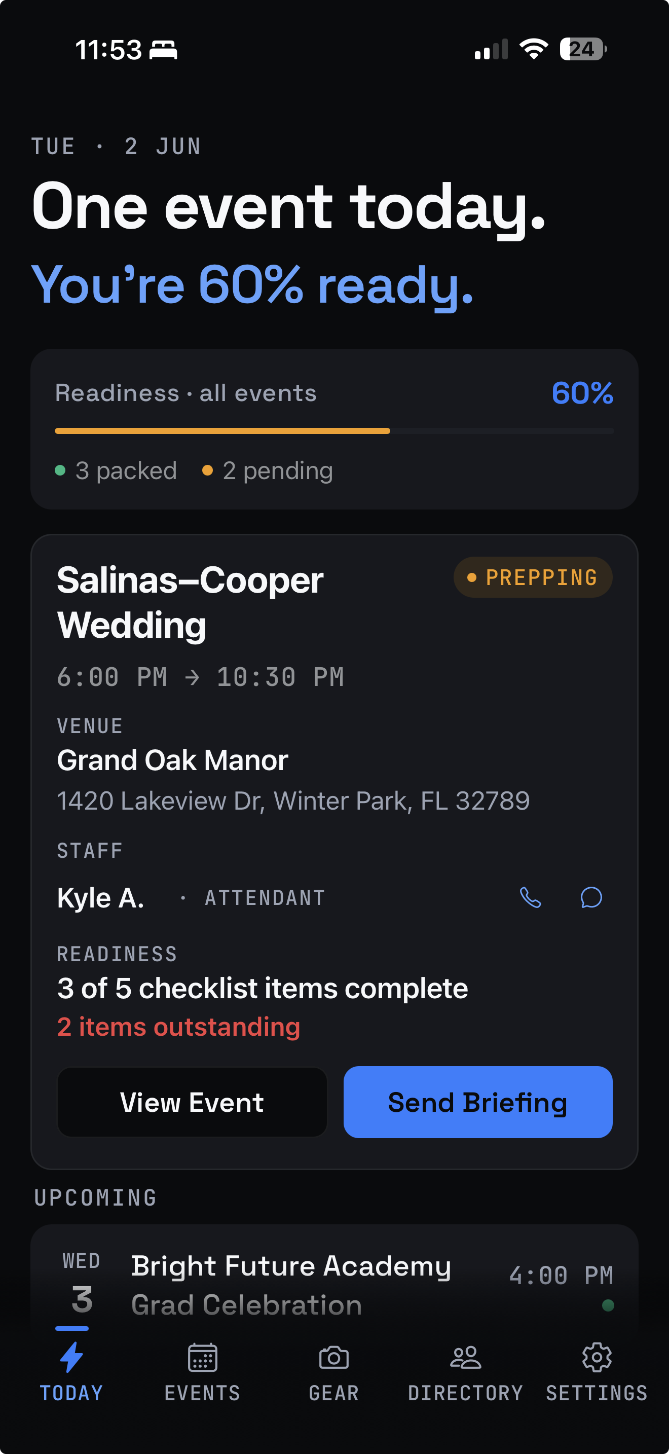 Bootheo Today screen — one event today, 60% ready, with readiness summary and the Salinas–Cooper Wedding event card