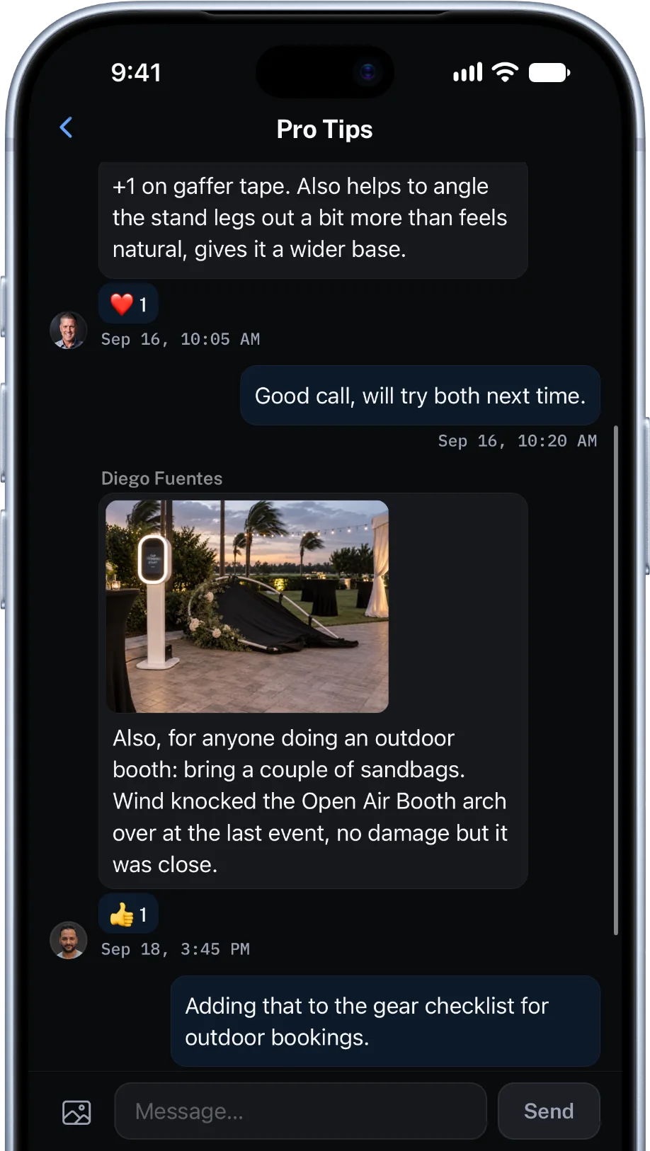 A team message thread with a photo attachment and reactions on two of the messages.