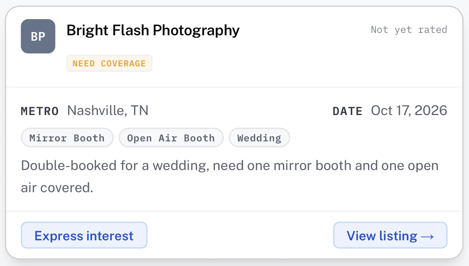 A White Label Board listing: an operator needing coverage for a wedding, with metro, booth type and date.